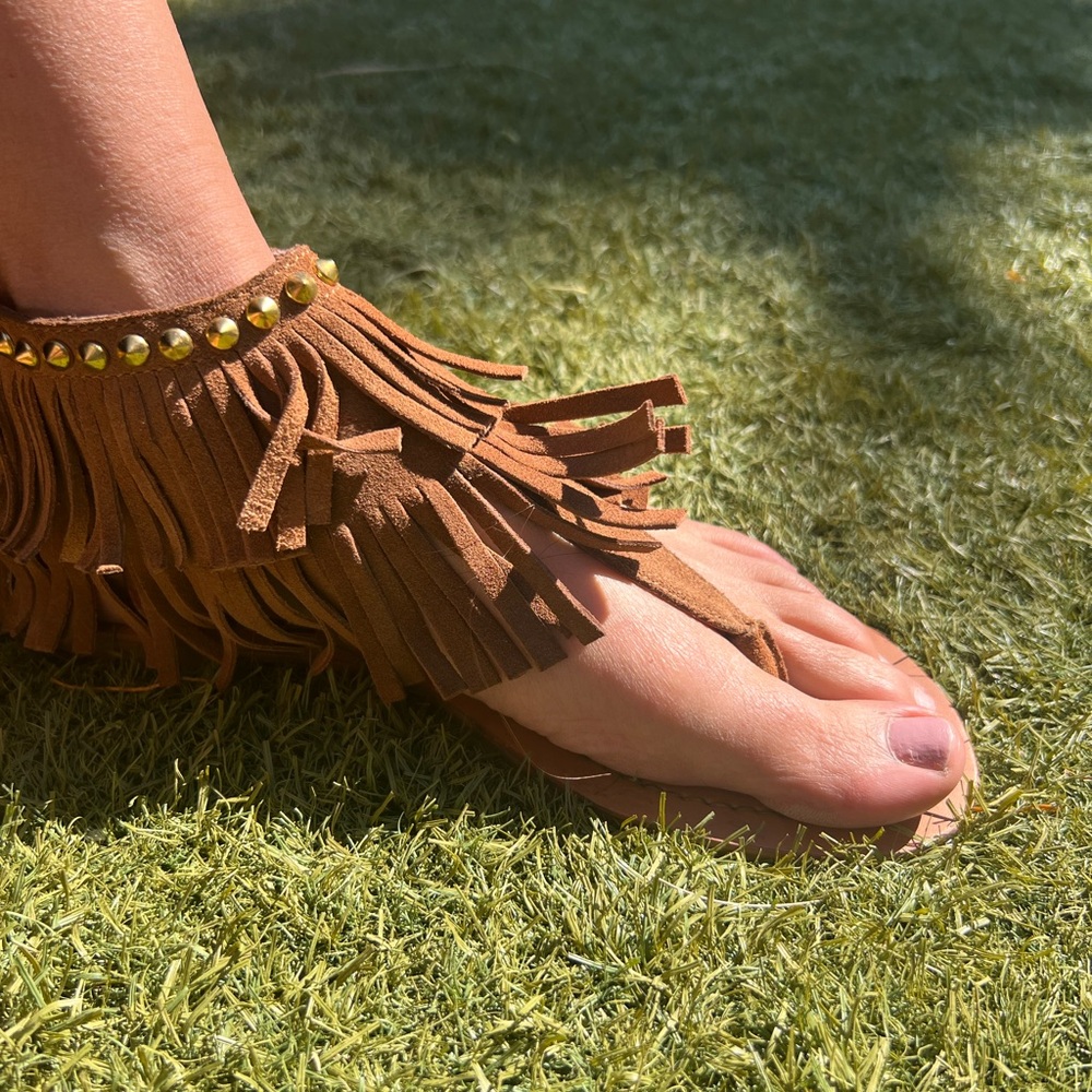 Brown Fringe Sandals with Gold Studs
